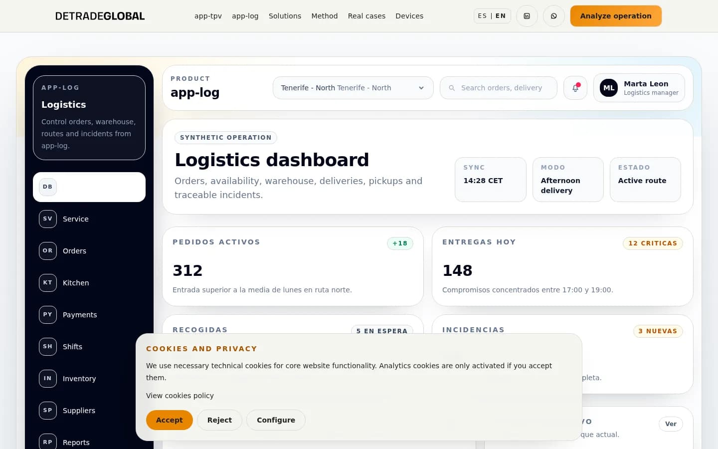 Dashboard de app-log en ingles con datos sinteticos