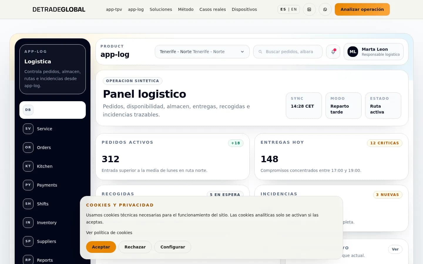 Dashboard de app-log con pedidos, disponibilidad, almacen, entregas e incidencias